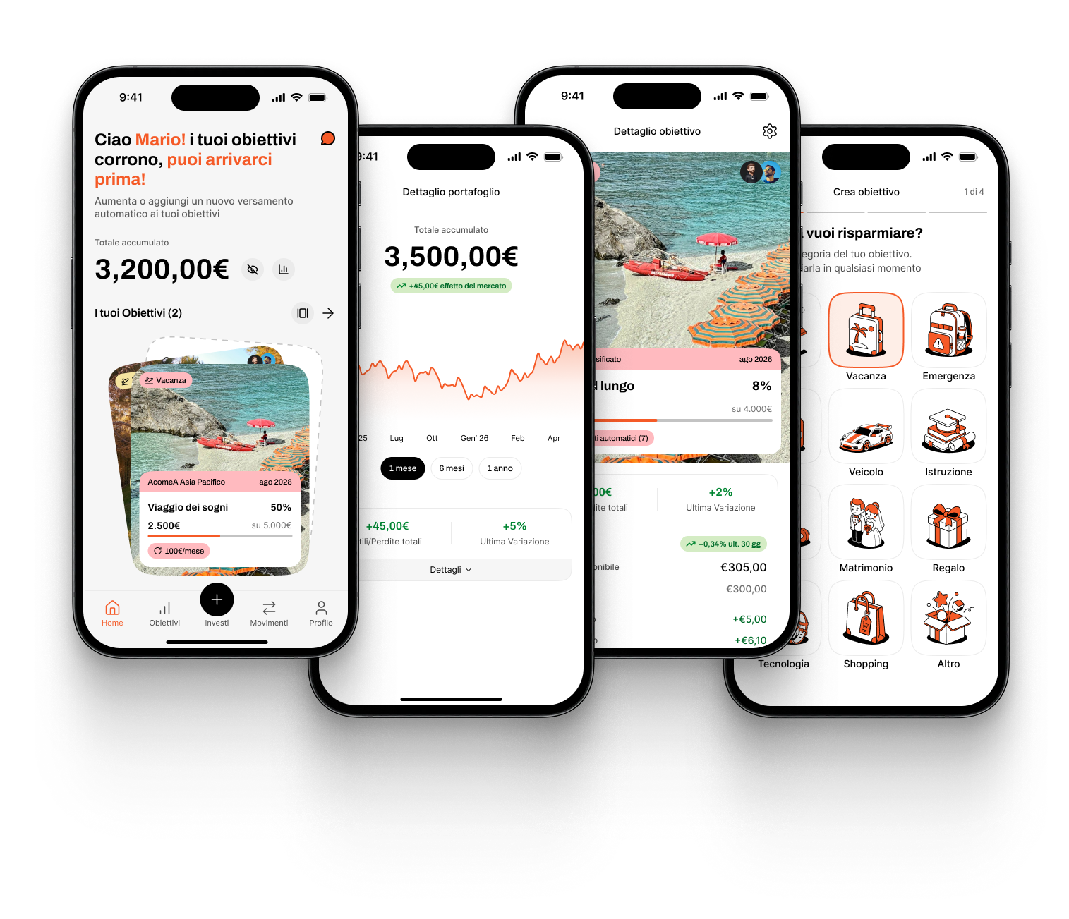 Le nuove schermate dell'app Gimme5: Home con Totale accumulato e Obiettivi a stack, Dettaglio portafoglio, Dettaglio obiettivo e Crea obiettivo