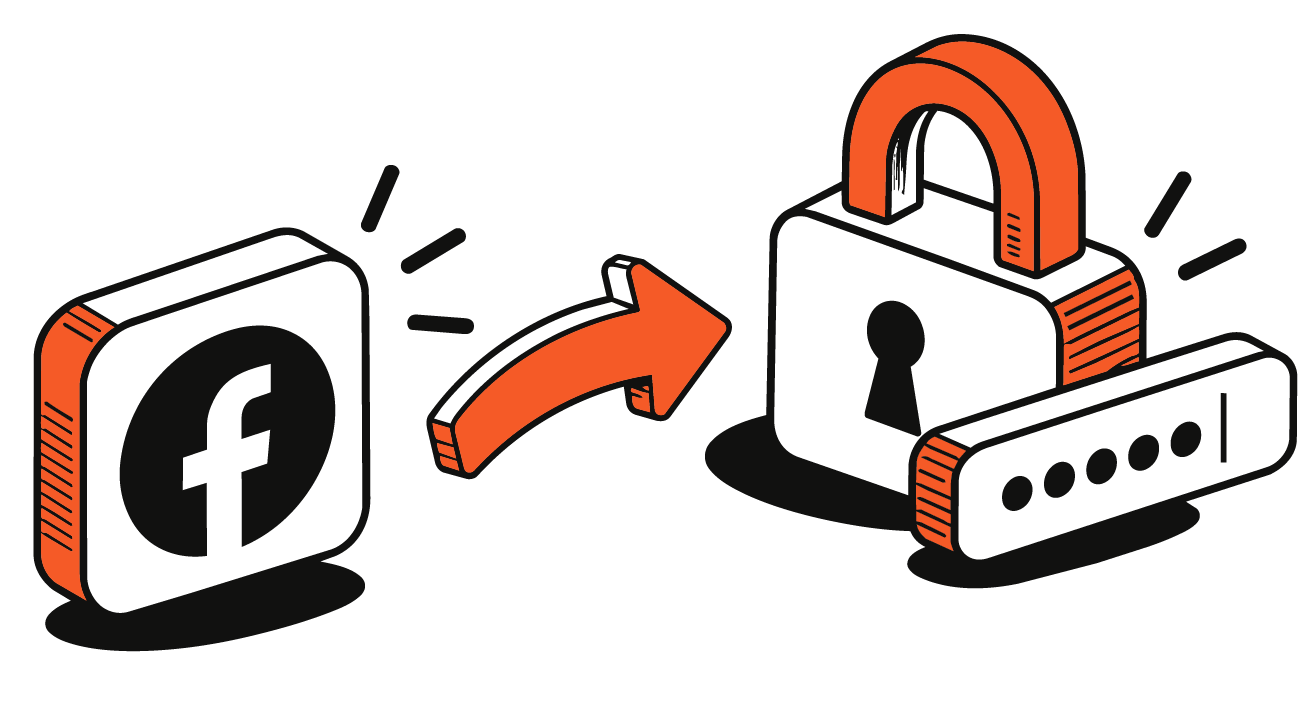 Illustrazione: l'icona di Facebook con una freccia che punta verso un lucchetto con una password, a rappresentare il passaggio dal login con Facebook a una password personale